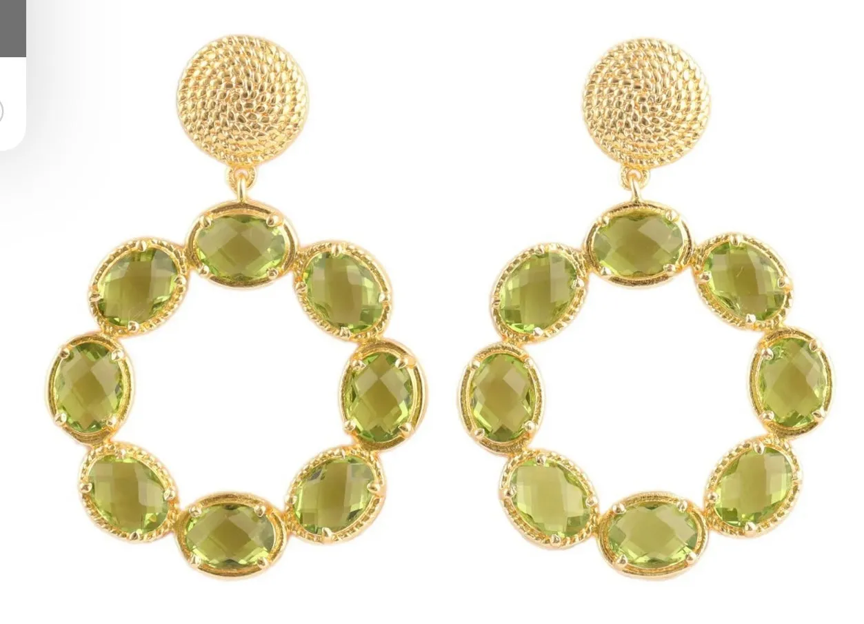 Green Peridot Gemstones Gold Twisted Statement Earrings 2”