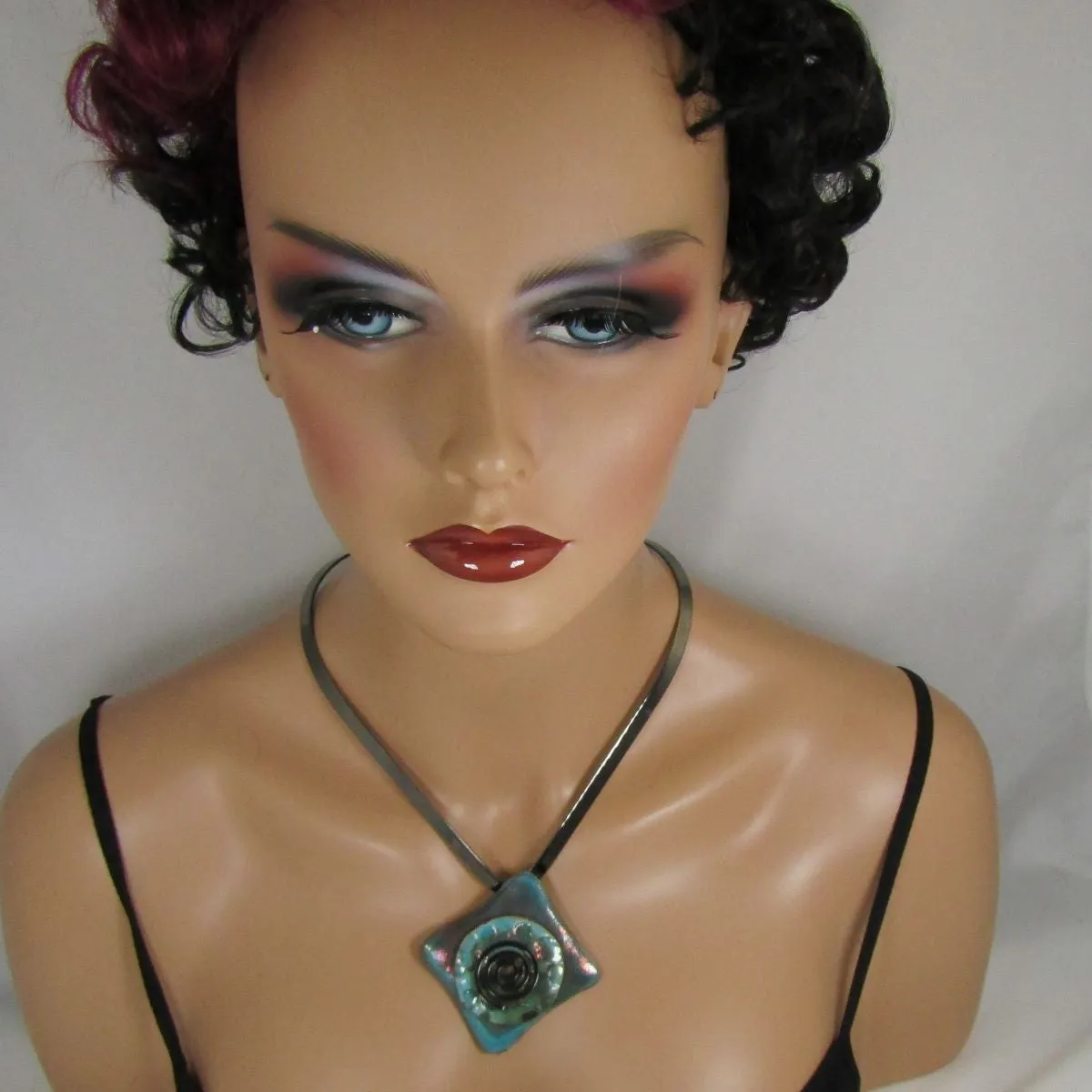 Gunmetal Choker with Handmade Aqua Wash Raku Glazed Pendant