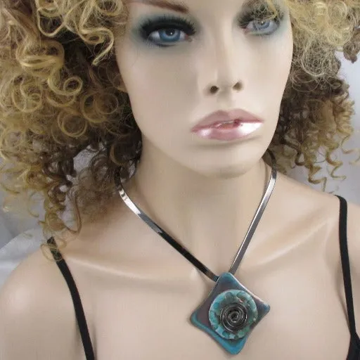 Gunmetal Choker with Handmade Aqua Wash Raku Glazed Pendant