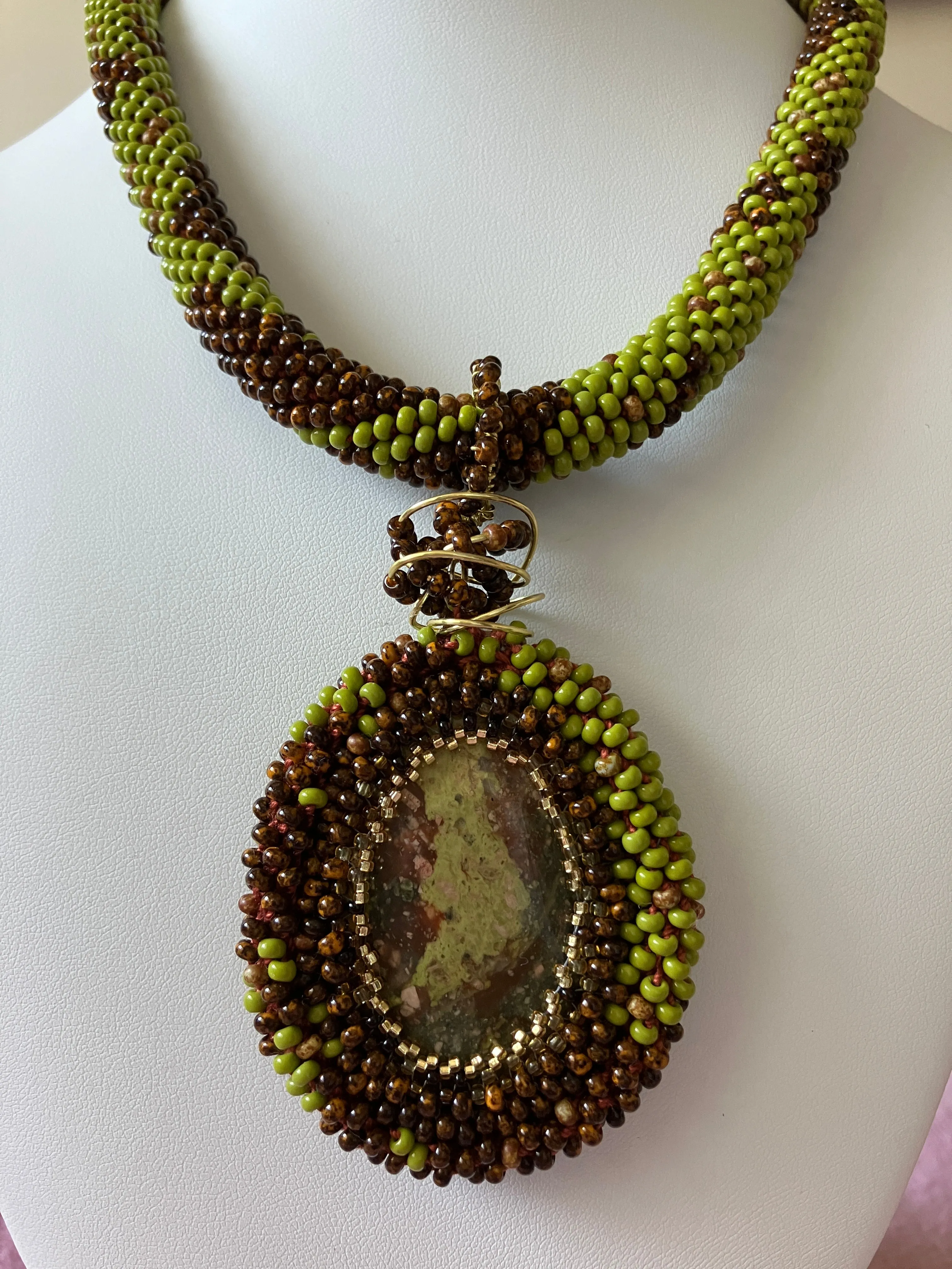 Hand-made 17" Brown and Olive Green Beaded Necklace