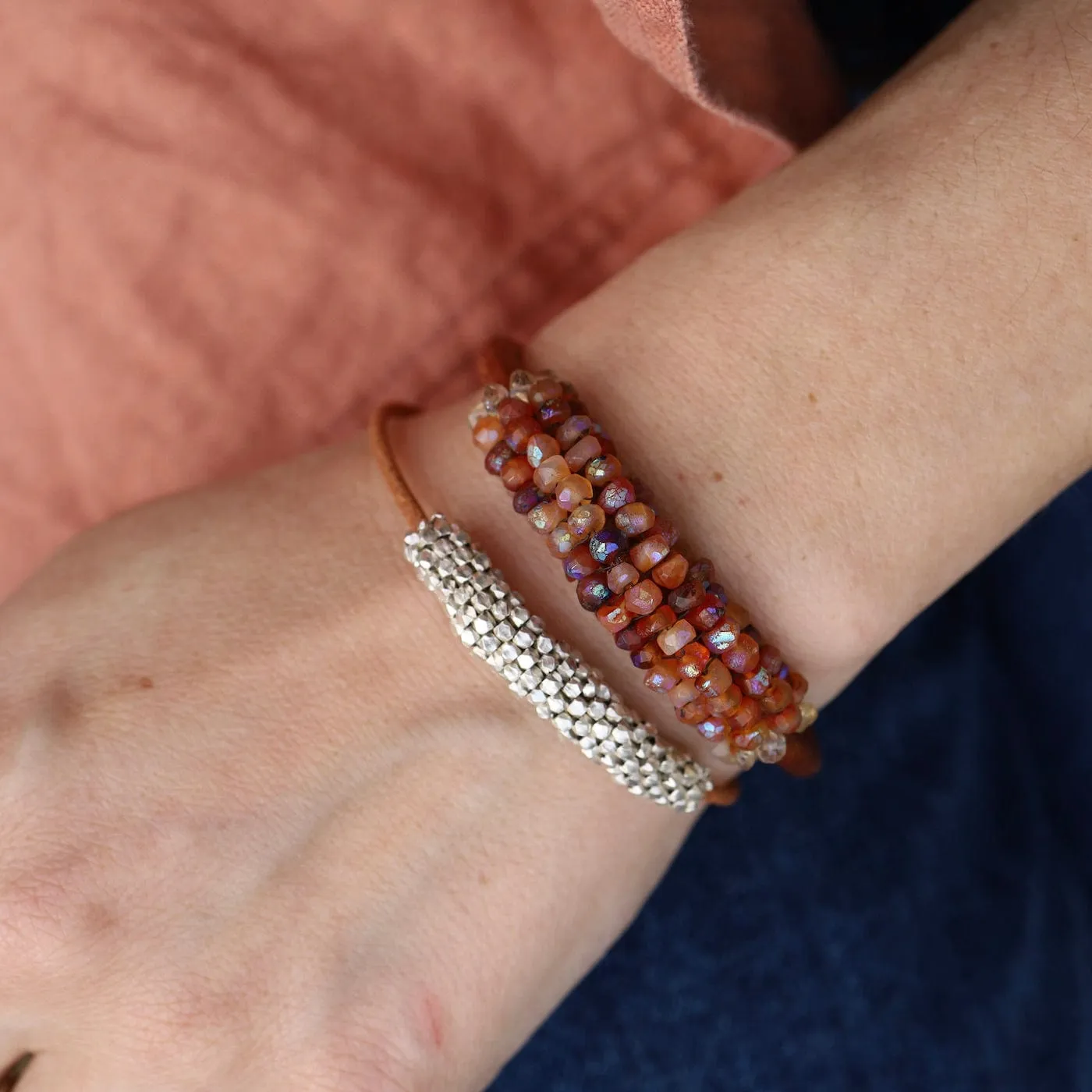 Hand Stitched Coated Citrine with Citrine Trim Leather Bracelet