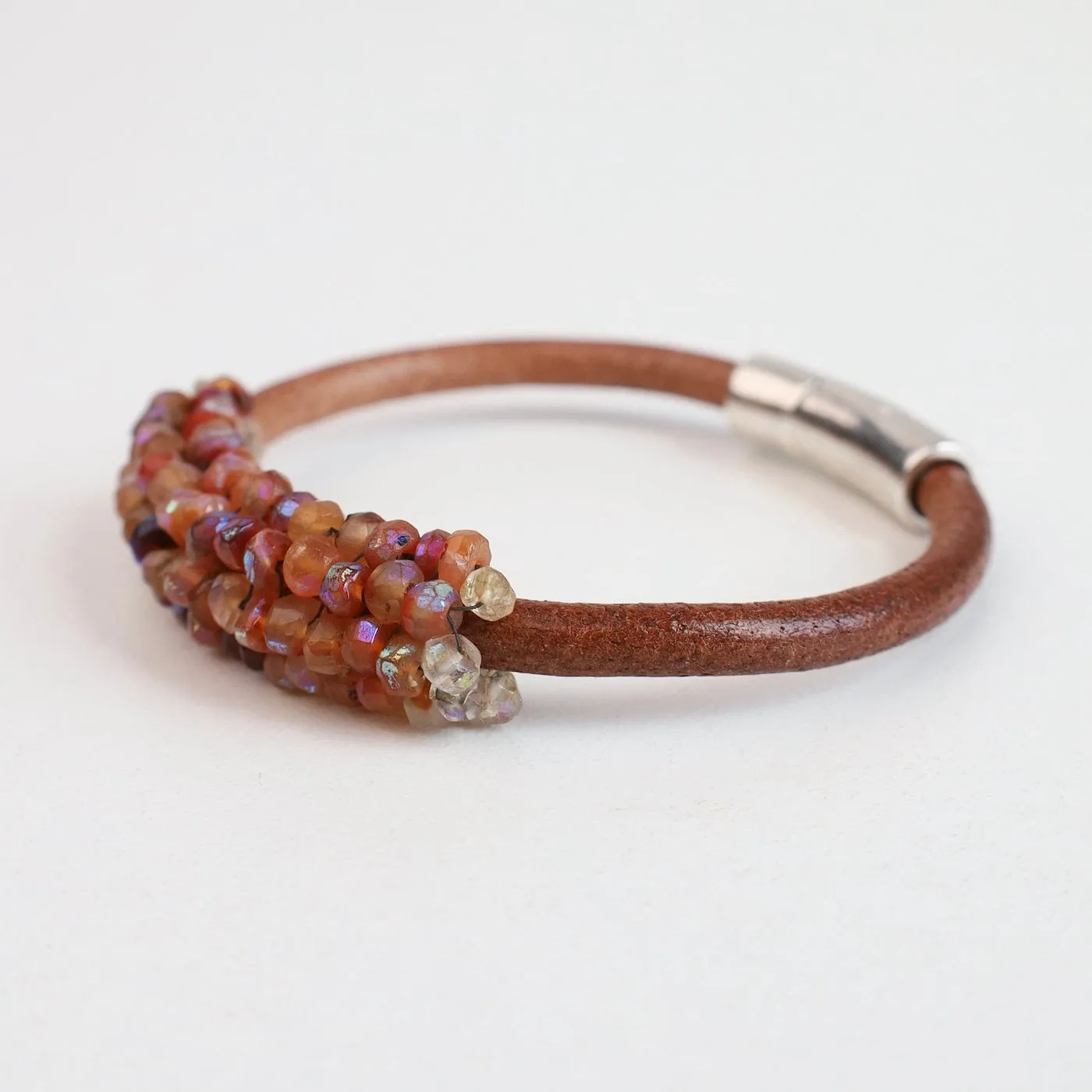 Hand Stitched Coated Citrine with Citrine Trim Leather Bracelet