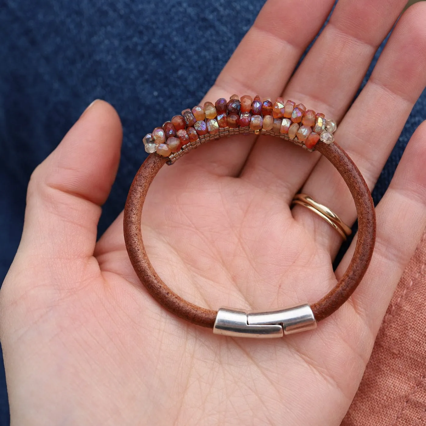 Hand Stitched Coated Citrine with Citrine Trim Leather Bracelet