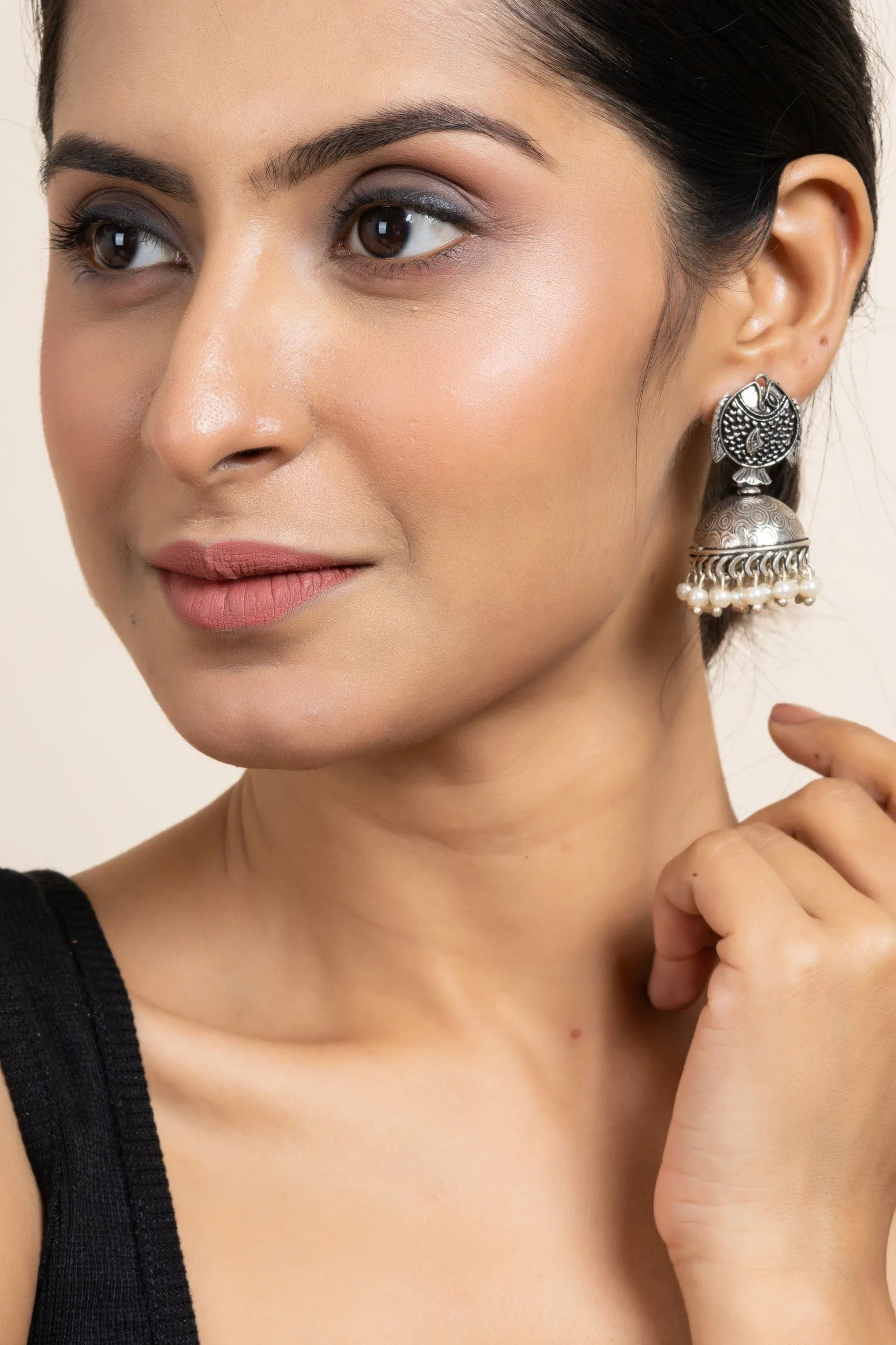 Handmade German Silver Fish Stud Jhumka Earrings with Faux Pearl & Oxidized Finish