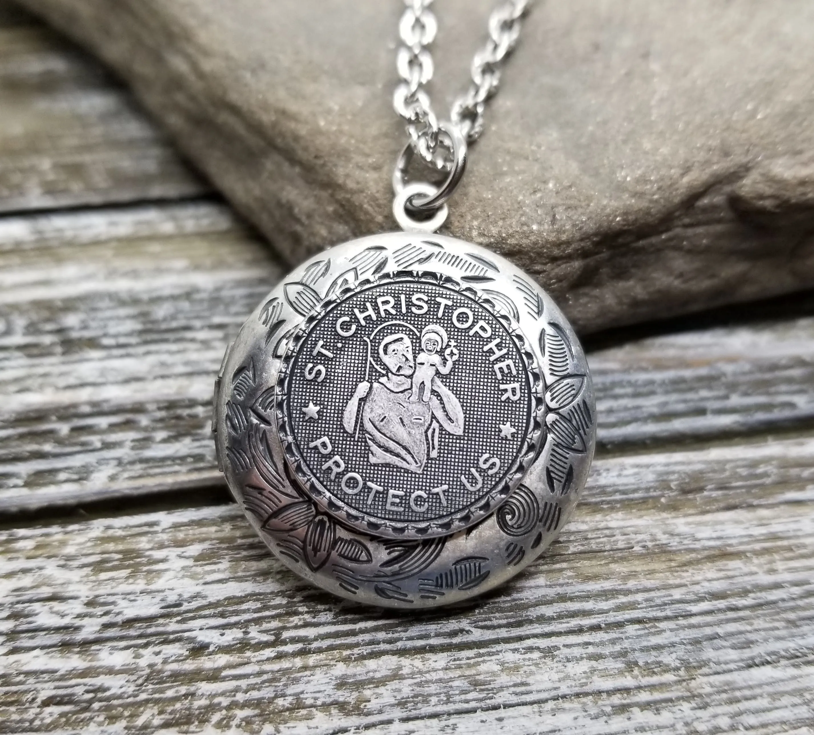 Handmade Oxidized Silver St. Christopher Locket Necklace