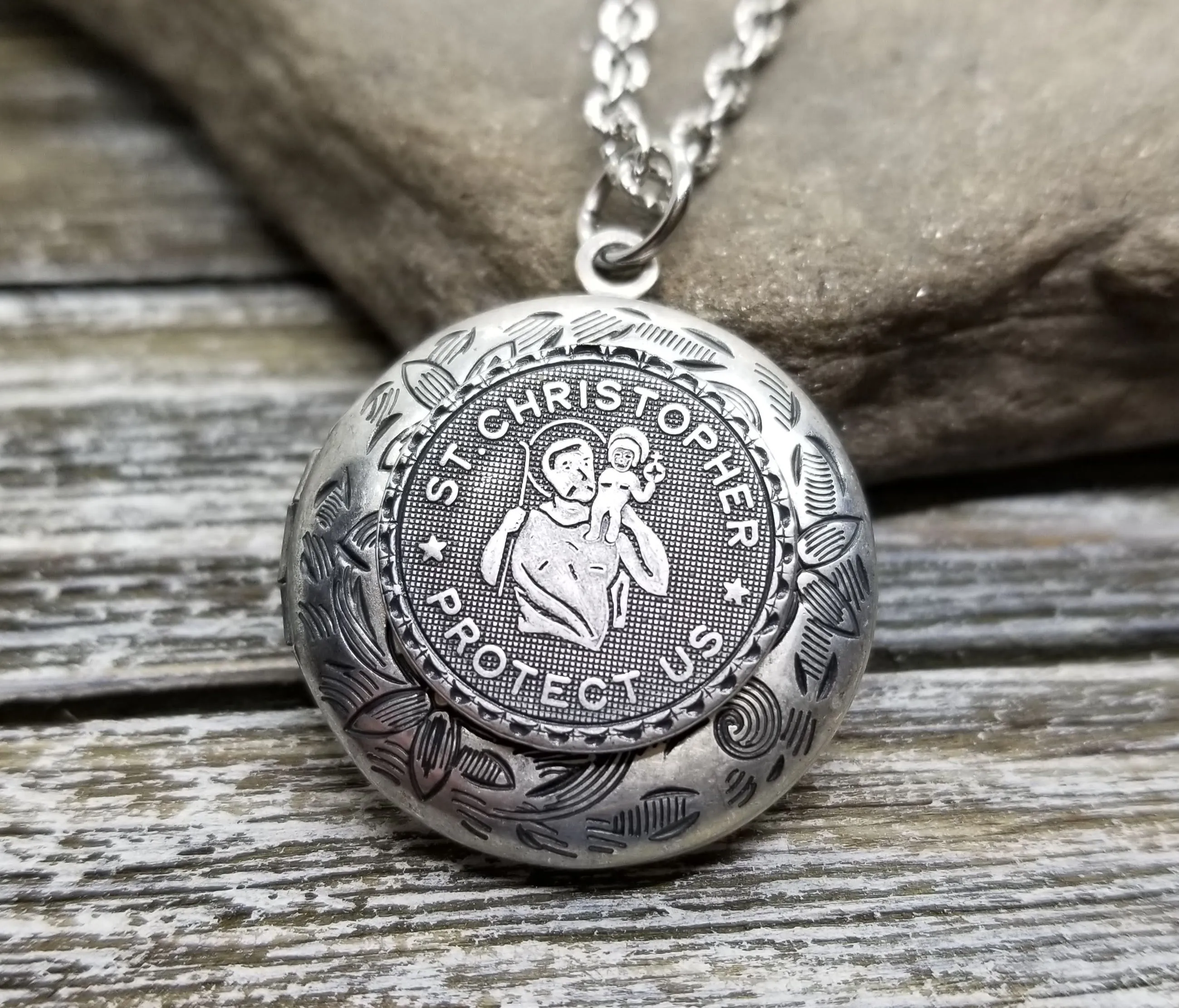 Handmade Oxidized Silver St. Christopher Locket Necklace