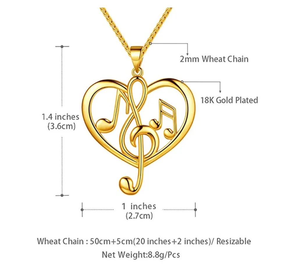 Heart Necklace Music Note Treble Clef Note Charm Musician Jewelry Singer Gift Gold Stainless Steel 20in.