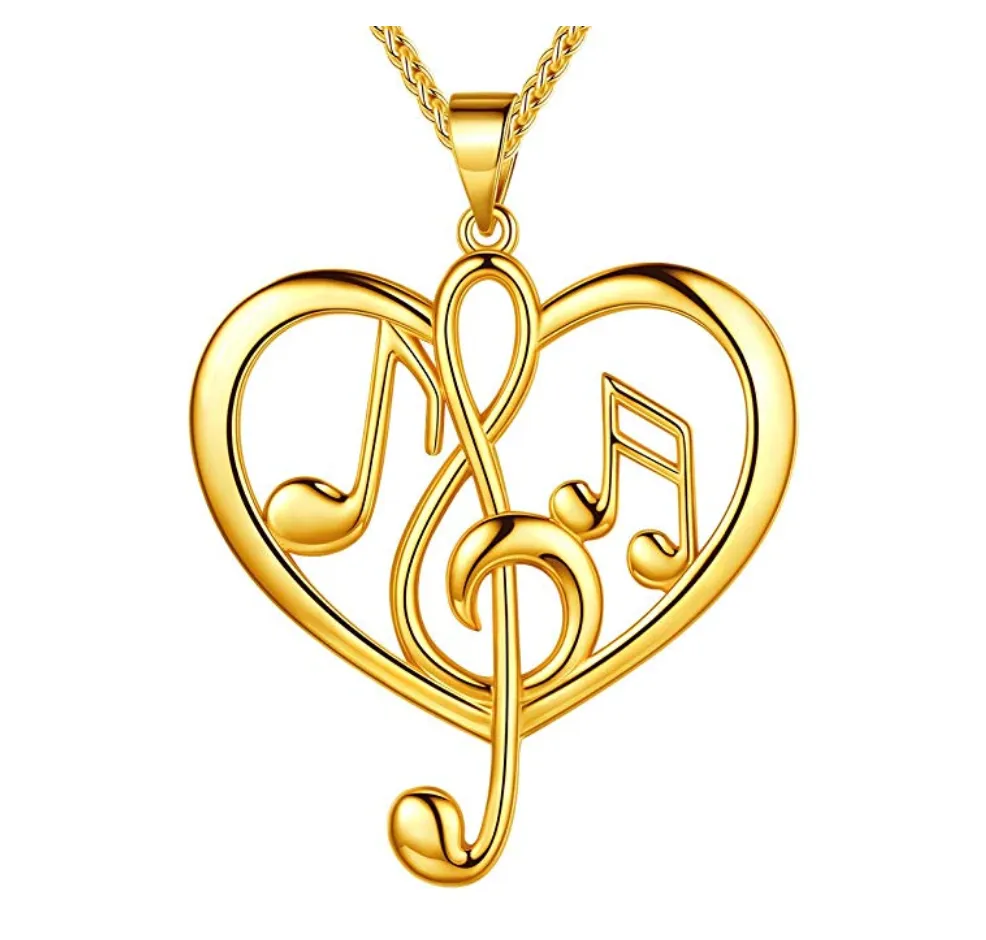 Heart Necklace Music Note Treble Clef Note Charm Musician Jewelry Singer Gift Gold Stainless Steel 20in.