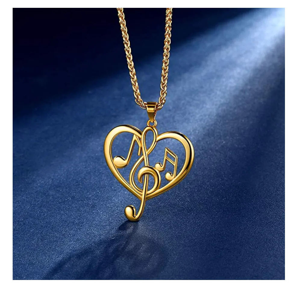 Heart Necklace Music Note Treble Clef Note Charm Musician Jewelry Singer Gift Gold Stainless Steel 20in.