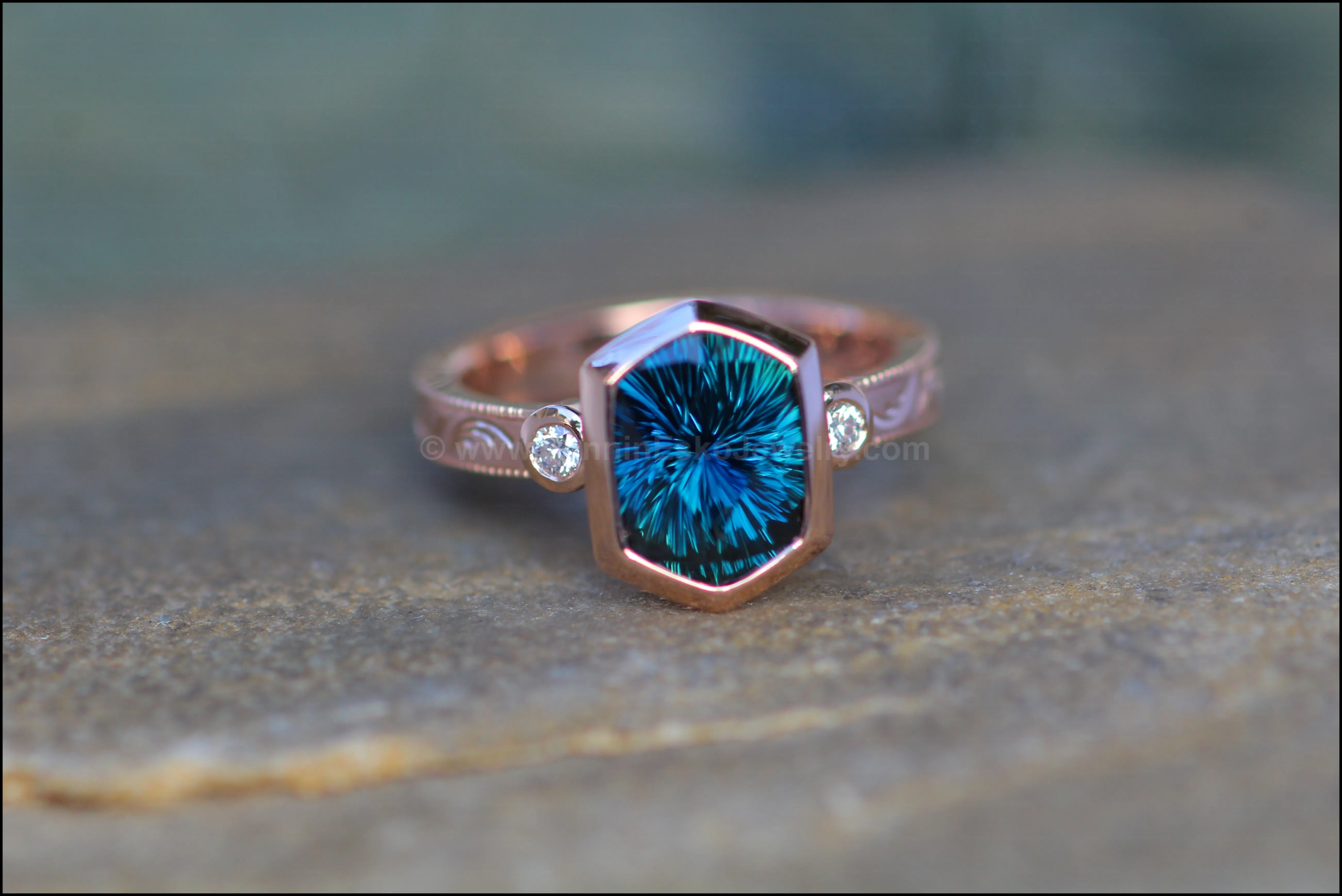 Heavy Weight Rose Gold Branches & Leaves Engraved Multi Bezel Setting - Fantasy Cut 2.6 Carat Parti Sapphire Depicted (Setting Only, Center Stone Sold Separately)