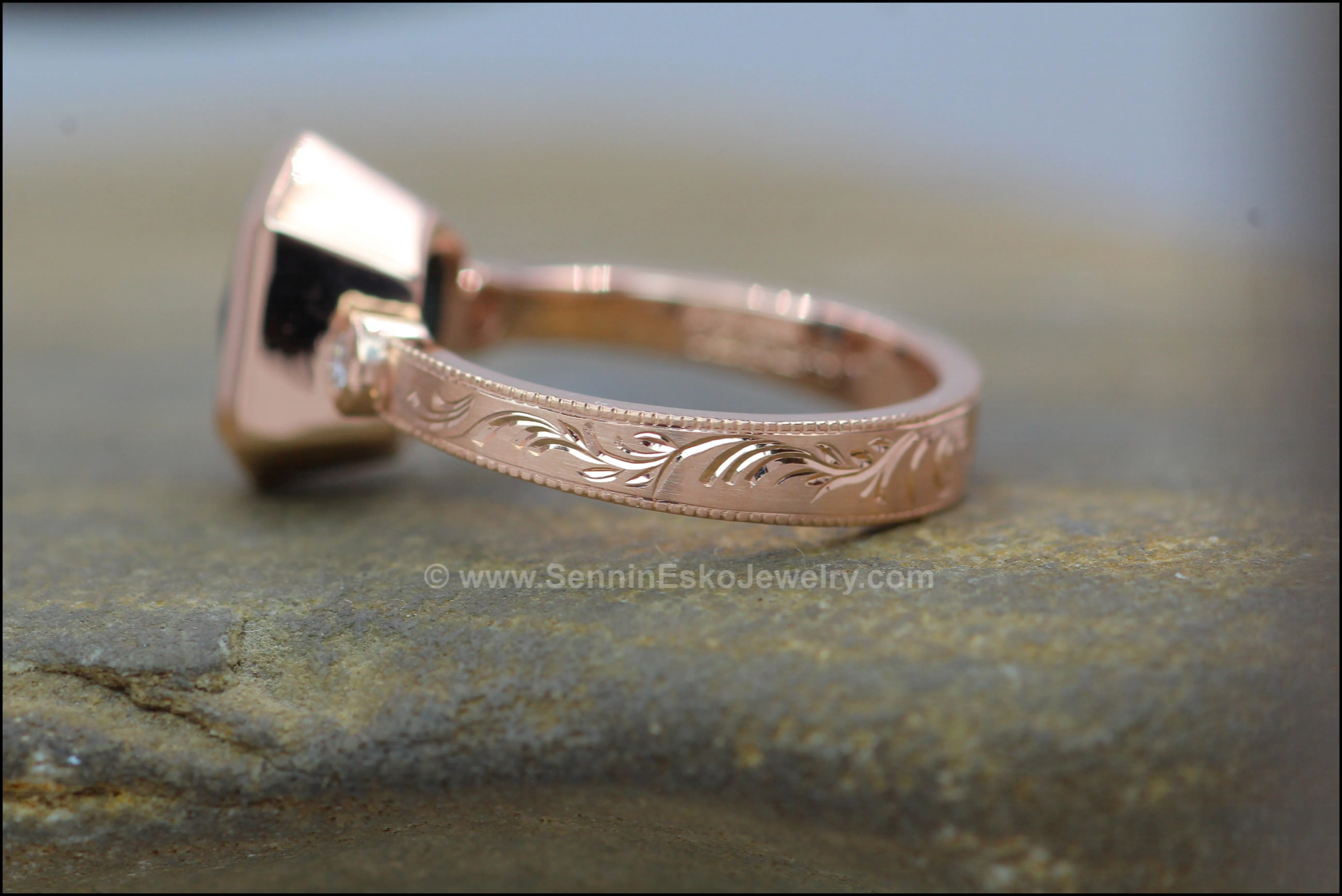 Heavy Weight Rose Gold Branches & Leaves Engraved Multi Bezel Setting - Fantasy Cut 2.6 Carat Parti Sapphire Depicted (Setting Only, Center Stone Sold Separately)