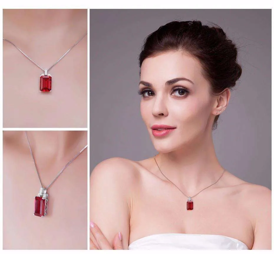 Heirloom 9CT Emerald Cut Simulated Pigeon Blood Ruby IOBI Precious Gems 925 Sterling Silver Pendant