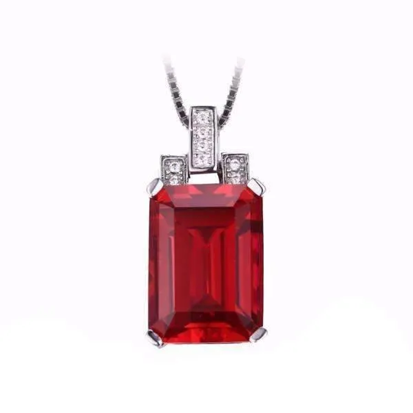 Heirloom 9CT Emerald Cut Simulated Pigeon Blood Ruby IOBI Precious Gems 925 Sterling Silver Pendant