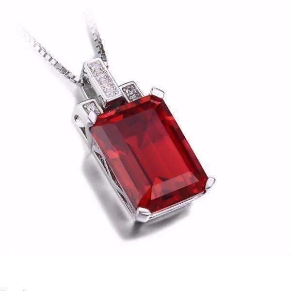 Heirloom 9CT Emerald Cut Simulated Pigeon Blood Ruby IOBI Precious Gems 925 Sterling Silver Pendant