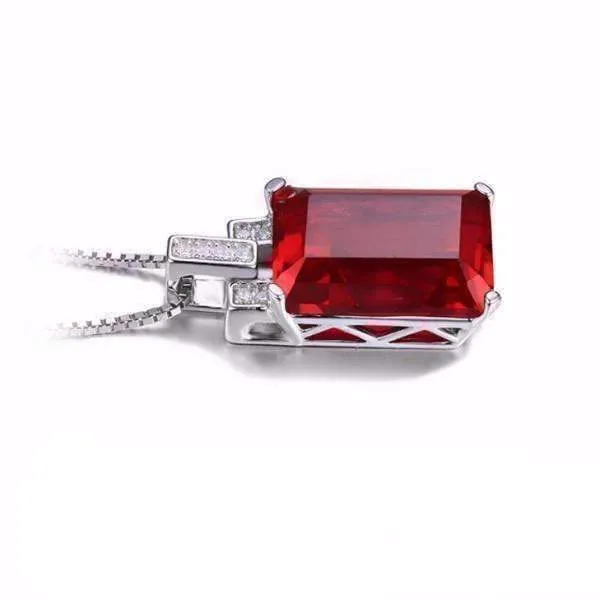 Heirloom 9CT Emerald Cut Simulated Pigeon Blood Ruby IOBI Precious Gems 925 Sterling Silver Pendant