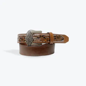 HOOEY Brown Leather Belt w/ Aztec Filigree Embossed HMBLTO NAT