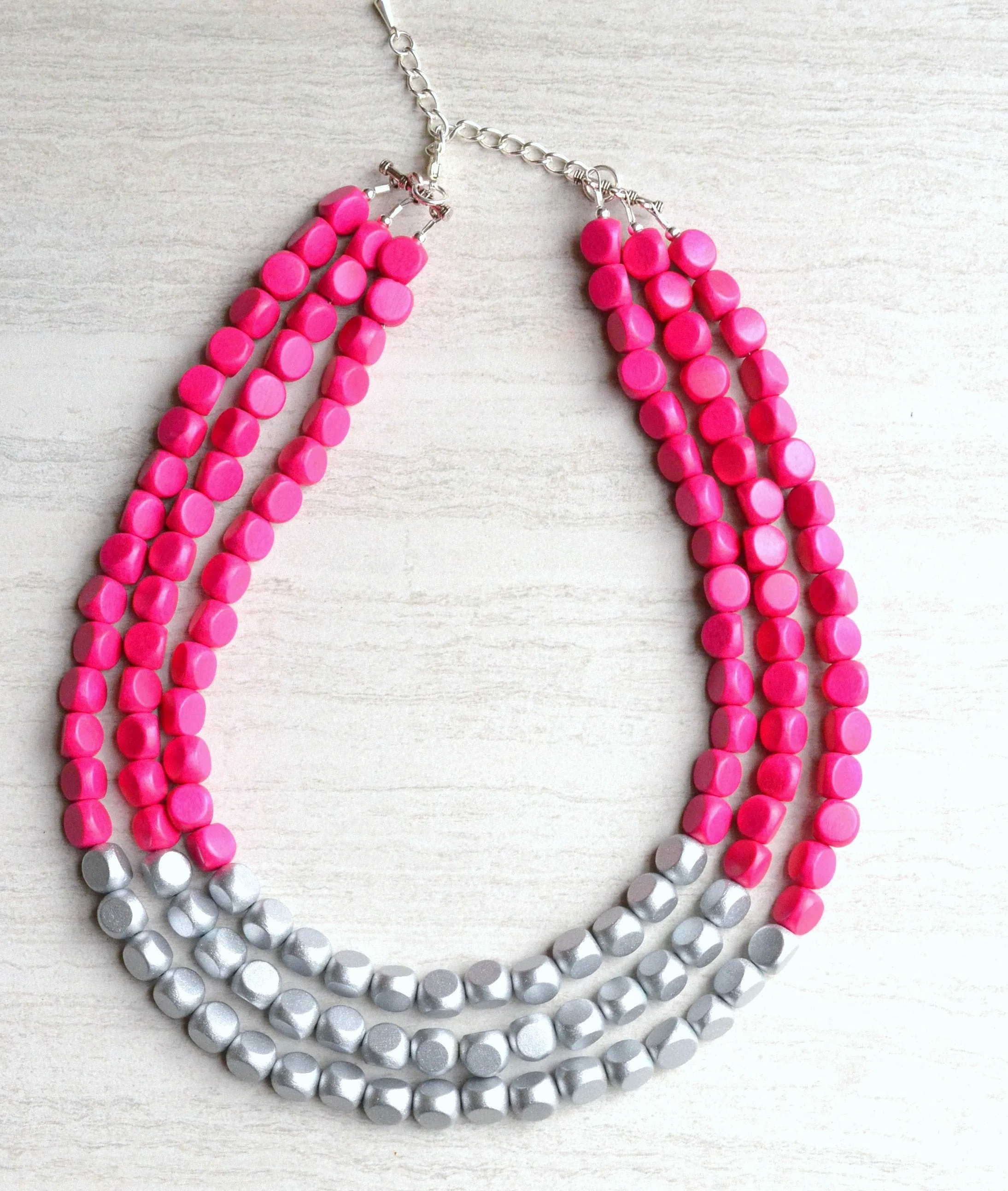 Hot Pink Silver Wood Bead Chunky Multi Strand Statement Necklace - Lisa