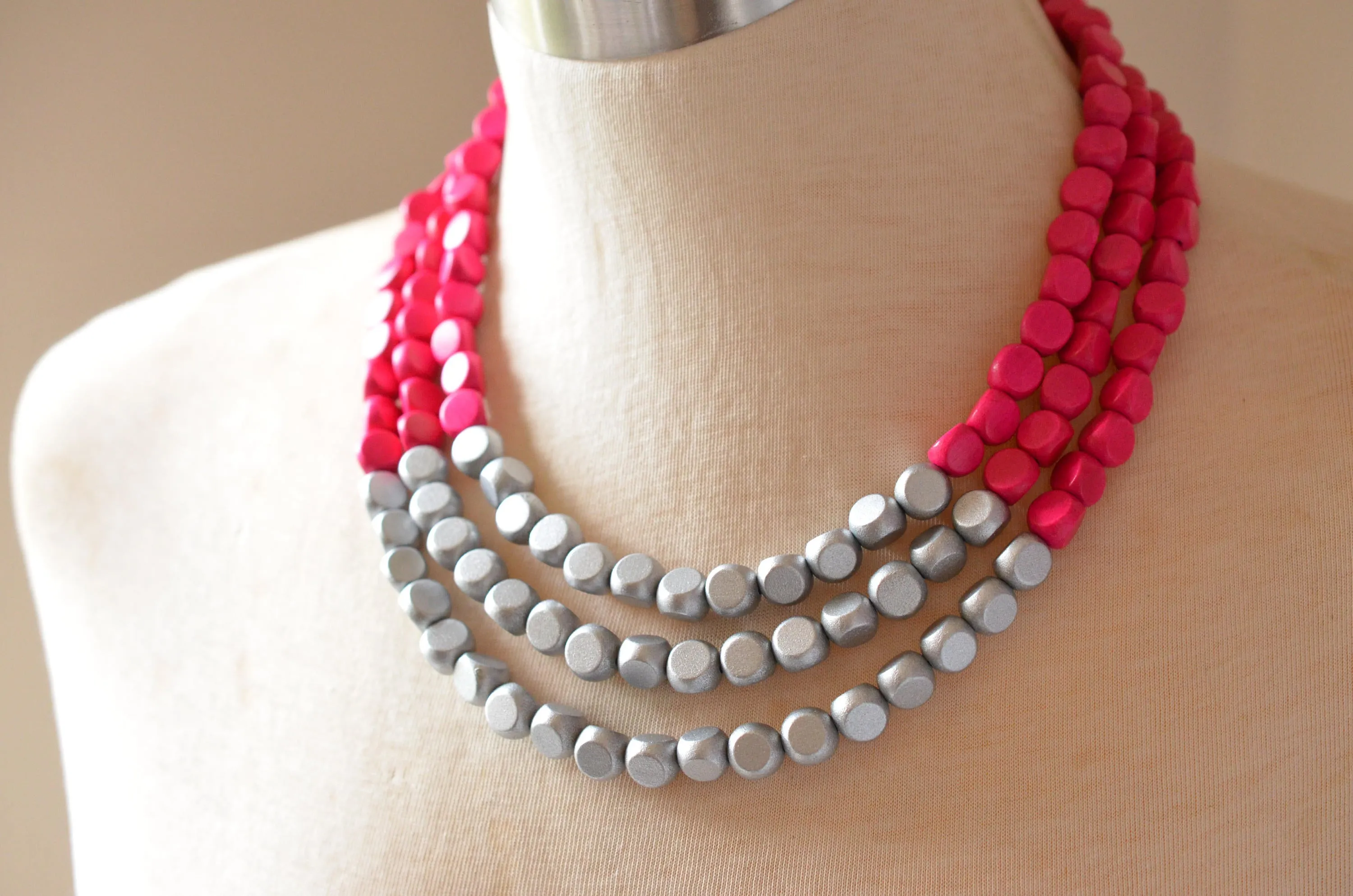 Hot Pink Silver Wood Bead Chunky Multi Strand Statement Necklace - Lisa