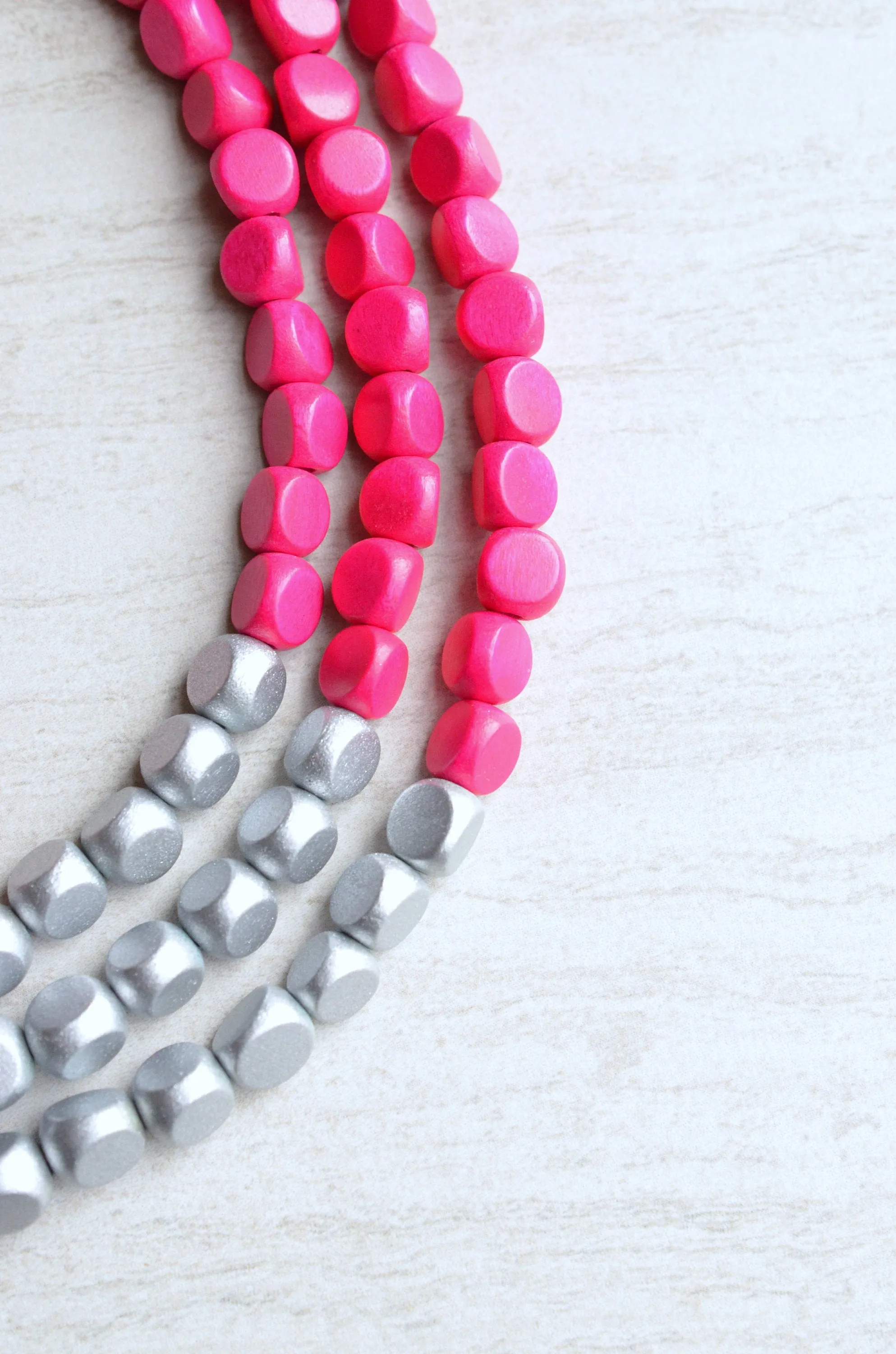 Hot Pink Silver Wood Bead Chunky Multi Strand Statement Necklace - Lisa