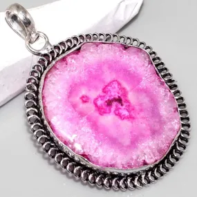 Huge Pink Solar Quartz .925 Silver Plated Pendant 2.2"   Free 20" Cord Necklace