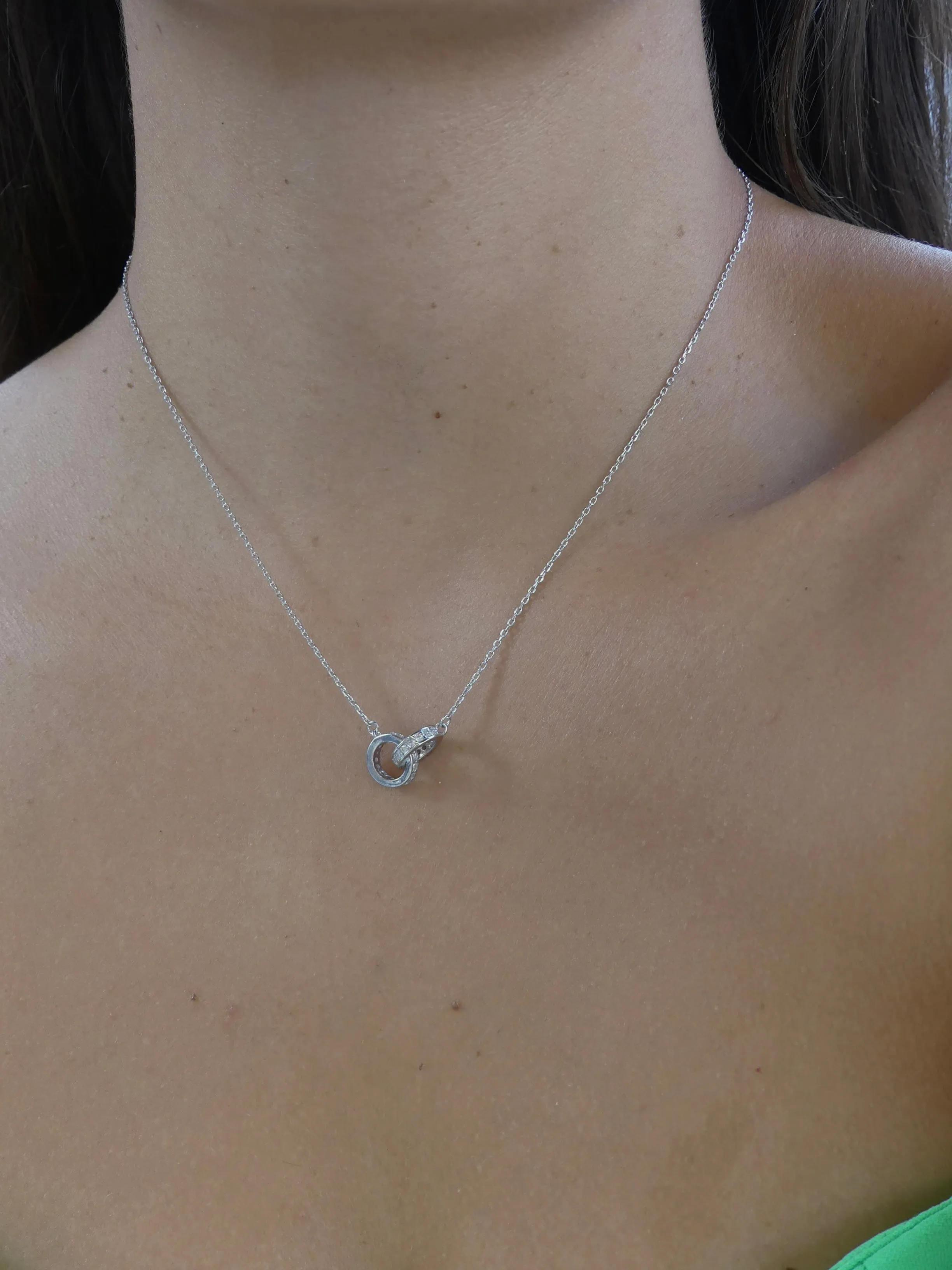 Interlock Necklace, .925 Sterling Silver Diamond CZ Circle Sunset Dainty LOVE Necklace