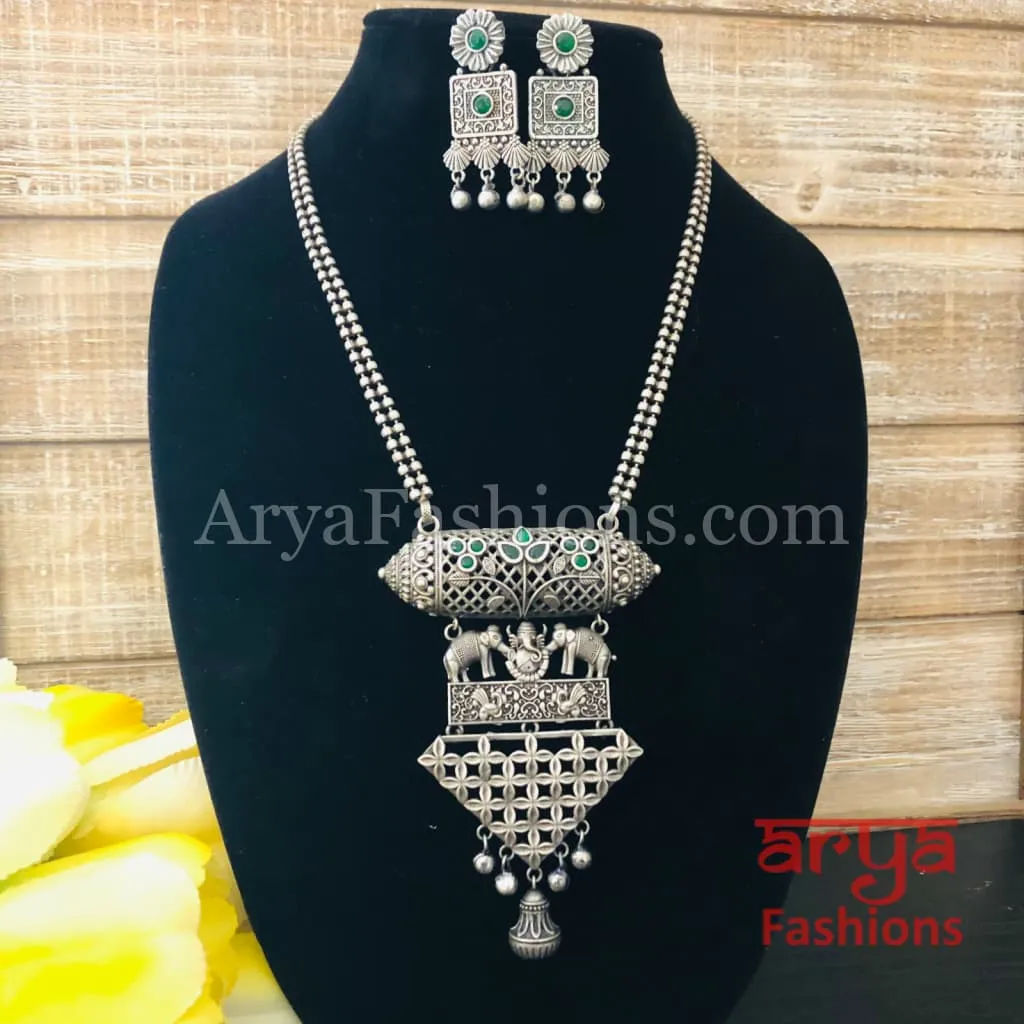 Ishani Oxidized Silver Tribal Necklace with colored Stones / Statement Necklace