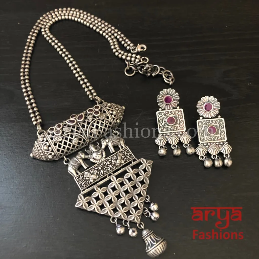 Ishani Oxidized Silver Tribal Necklace with colored Stones / Statement Necklace