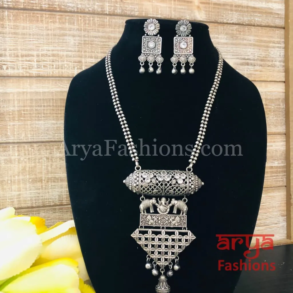 Ishani Oxidized Silver Tribal Necklace with colored Stones / Statement Necklace