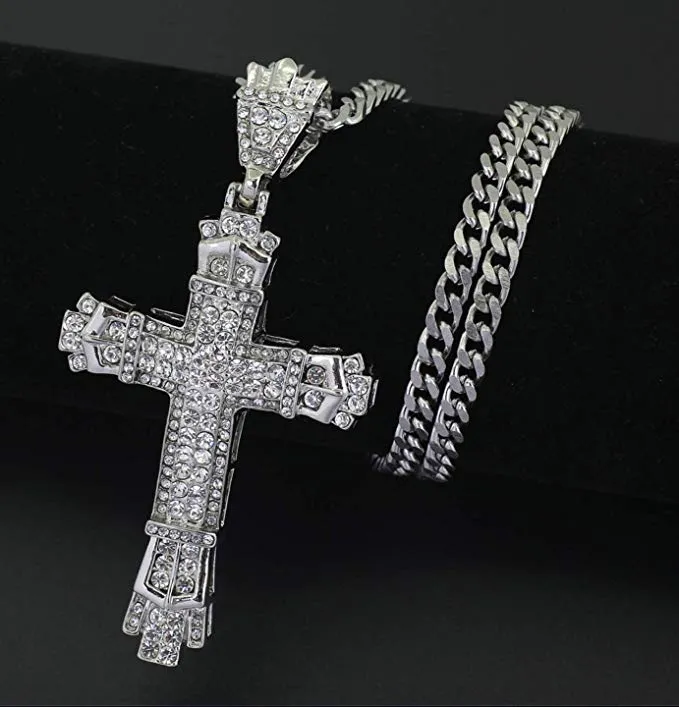 Jesus Cross Necklace Hip Hop Jewelry Diamond Cross Pendant Silver Cuban Link Chain Cross Necklace 24in.