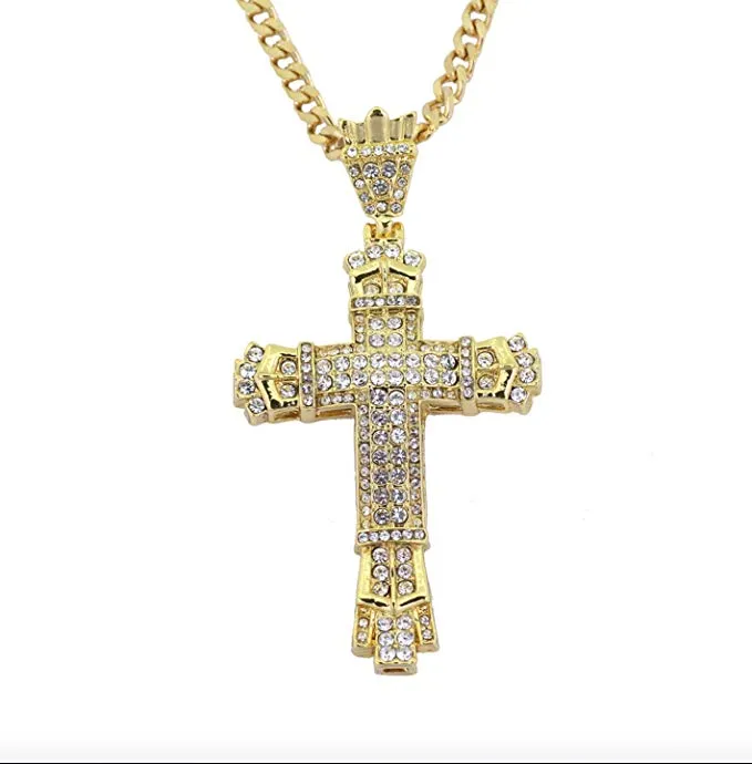 Jesus Cross Necklace Hip Hop Jewelry Diamond Cross Pendant Silver Cuban Link Chain Cross Necklace 24in.