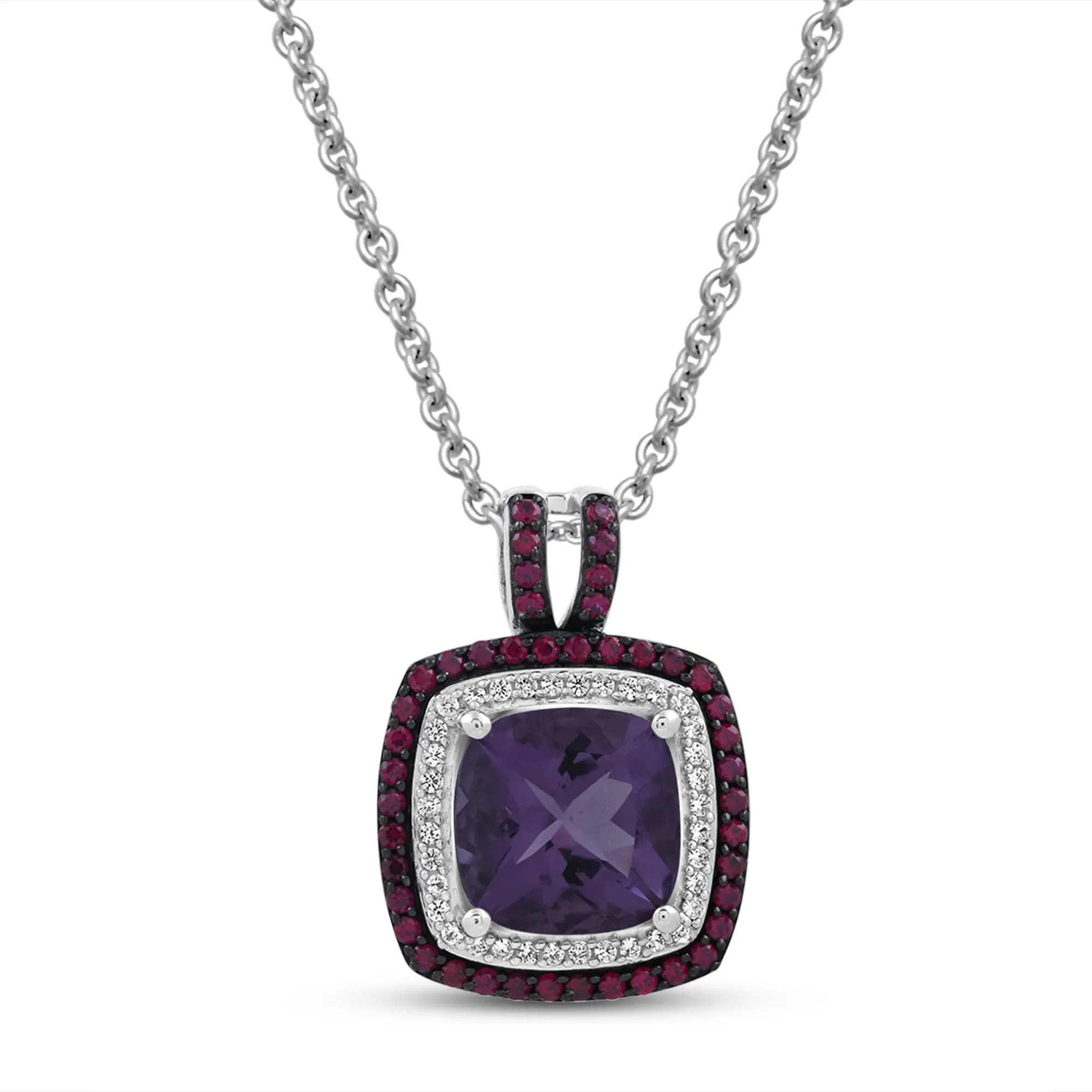 Jewelili Sterling silver Cushion Shape Amethyst and Round Created Ruby with Round Created White Sapphire Pendant Necklace