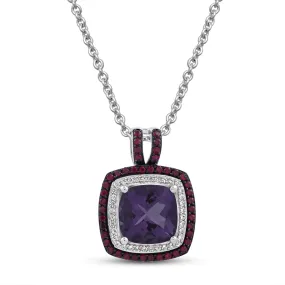 Jewelili Sterling silver Cushion Shape Amethyst and Round Created Ruby with Round Created White Sapphire Pendant Necklace