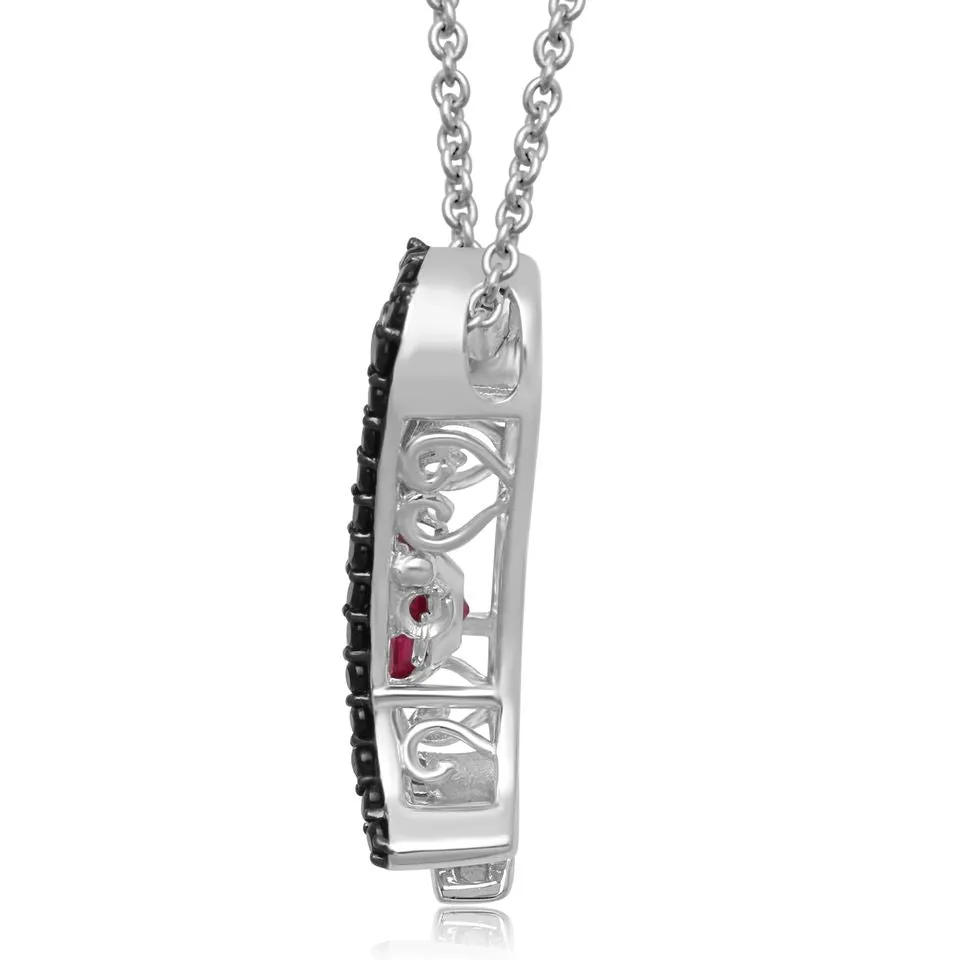 Jewelili Sterling Silver With Dancing Round Created Ruby with Black Spinel and Created White Sapphire Penguin Pendant Necklace, 18" Rolo Chain