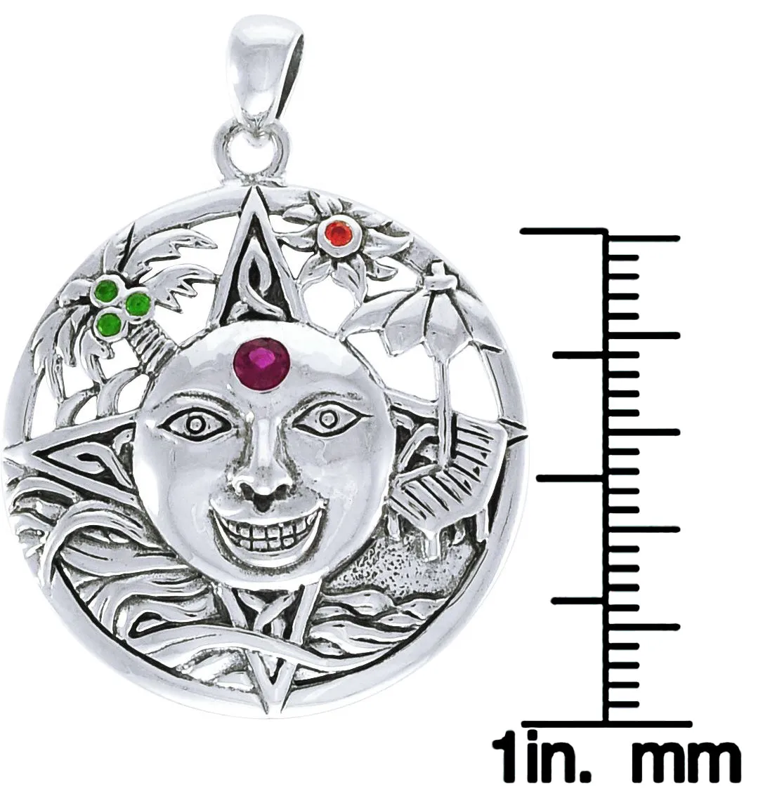 Jewelry Trends Sterling Silver Summer Sun Face Celtic Mediallion Pendant with Colored Stones on 18 Inch Box Chain Necklace