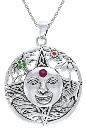 Jewelry Trends Sterling Silver Summer Sun Face Celtic Mediallion Pendant with Colored Stones on 18 Inch Box Chain Necklace