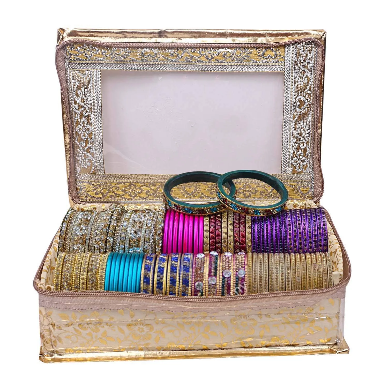 Kuber Industries Brocade Hardboard 2 Pieces Two Rod Bangle Box (Gold)- CTKTC021163