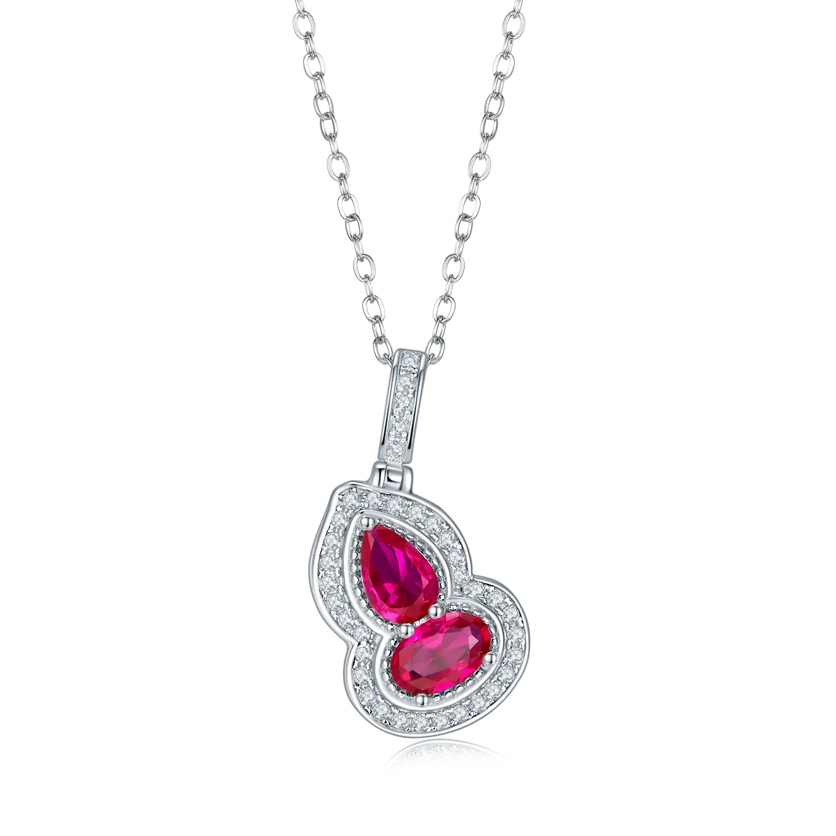 Lab Created Ruby Halo Necklace in S925 Silver with Platinum Plating – 1.0 Carat Gourd Design