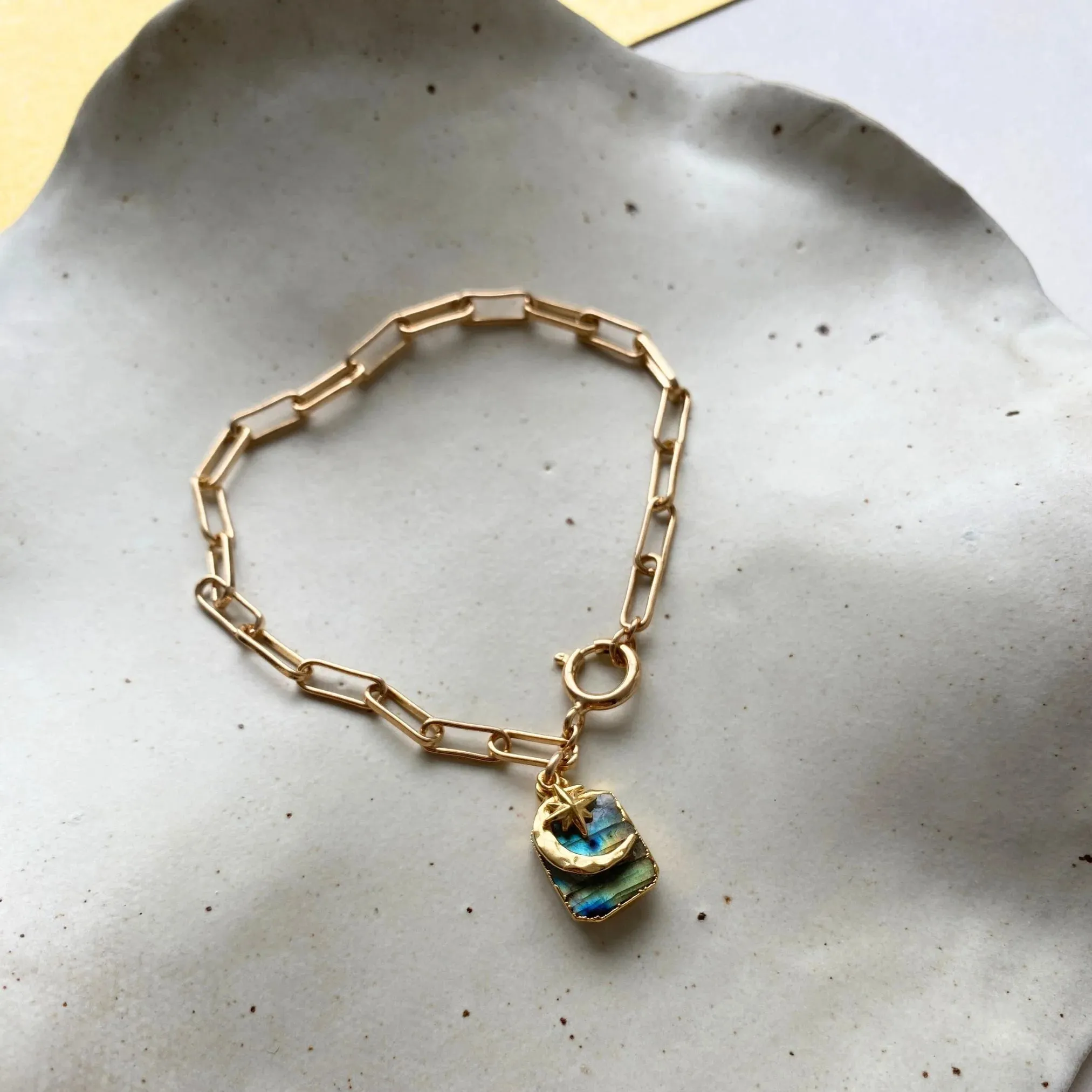 Labradorite Moon & Star Gem Slice Triple Chunky Chain Bracelet  - Adventure (Gold Plated)