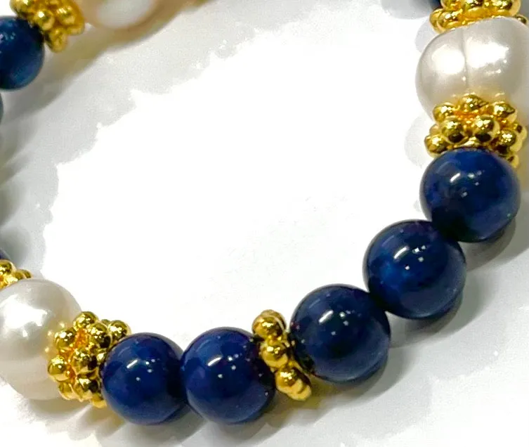 Lapis Lazuli & Baroque Pearl Gemstone Gold Beaded Bracelet