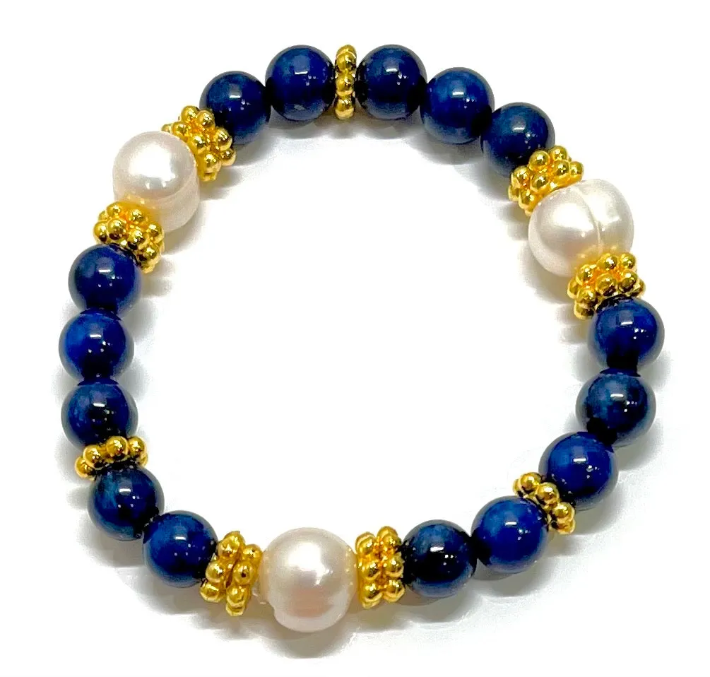 Lapis Lazuli & Baroque Pearl Gemstone Gold Beaded Bracelet