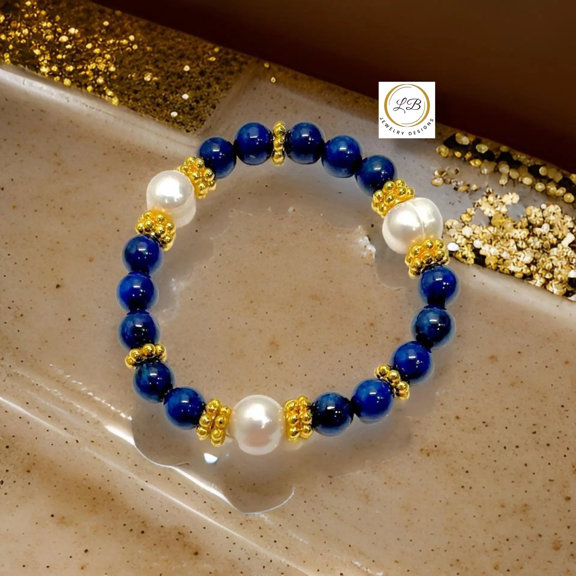 Lapis Lazuli & Baroque Pearl Gemstone Gold Beaded Bracelet