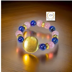 Lapis Lazuli & Pink Quartz Gemstone Brushed Gold Vermeil Beaded Bracelet