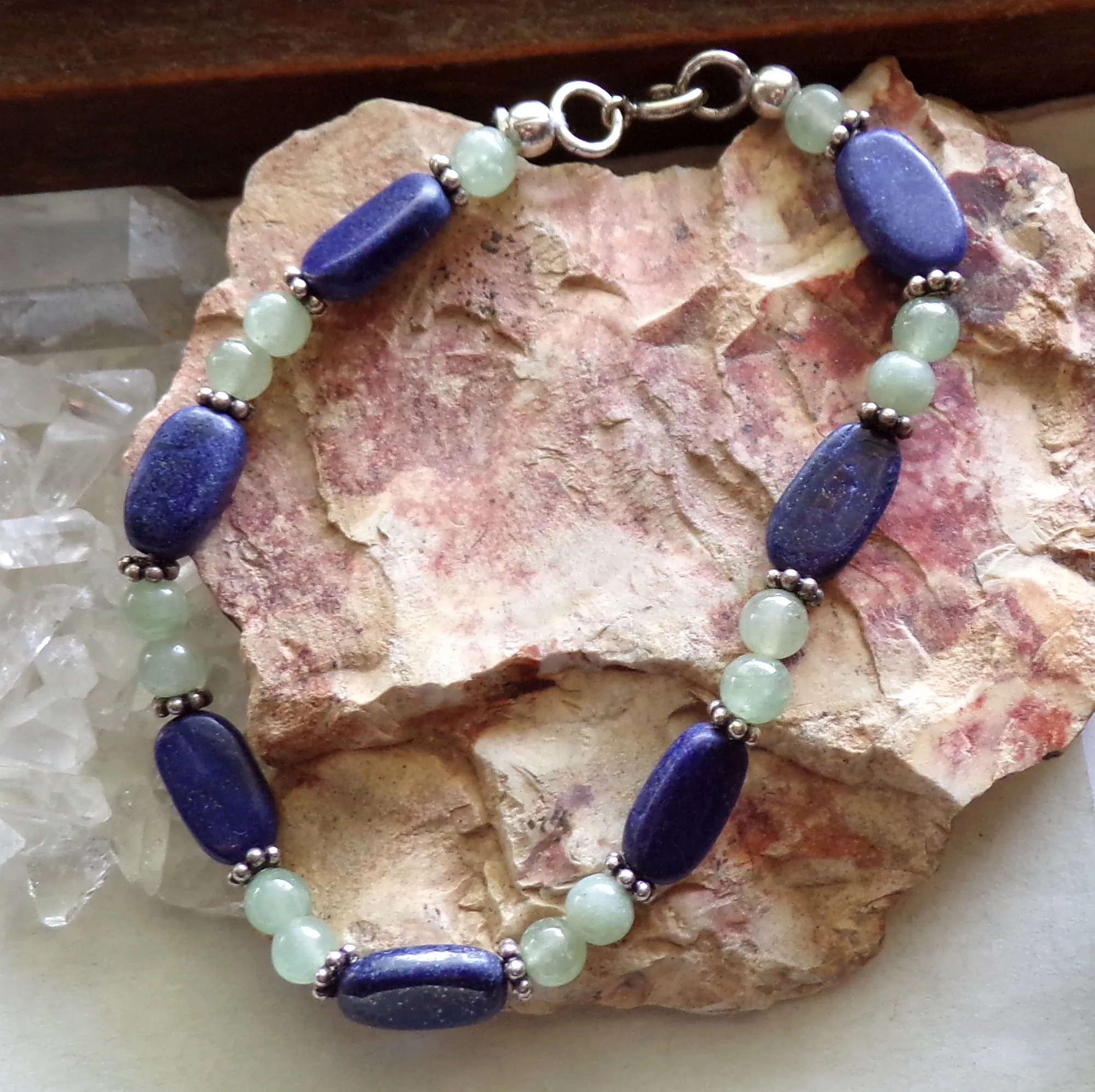 Lapis Lazuli and Prehnite Natural Gemstone Handmade Vintage Bracelet