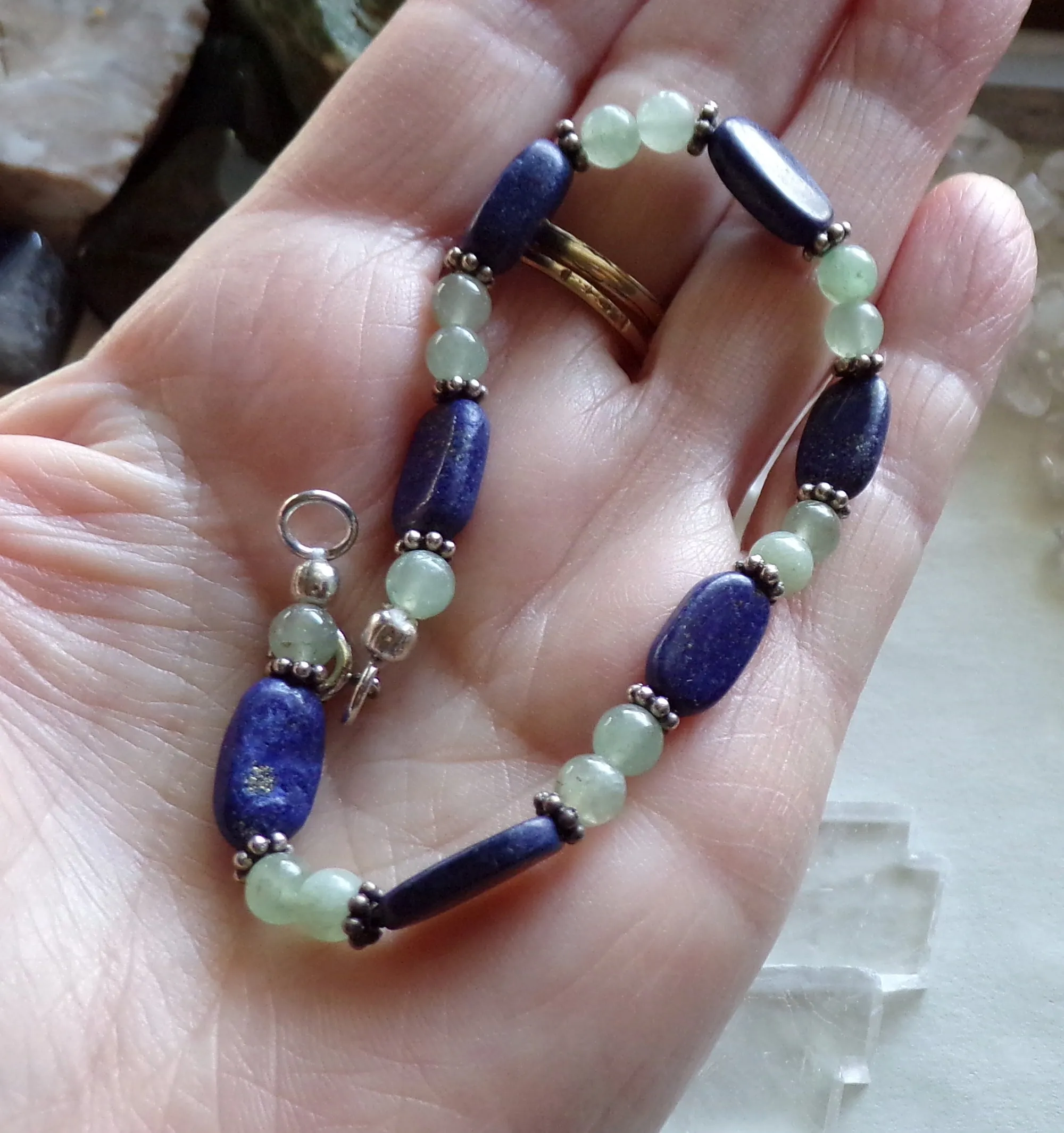 Lapis Lazuli and Prehnite Natural Gemstone Handmade Vintage Bracelet