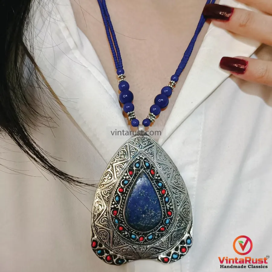 Lapis Lazuli Pendant Nenklace with Silver Blue Stone Ring