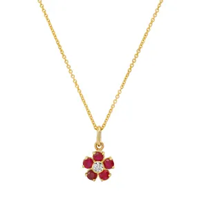 Large Ruby Flower Necklace with Diamond Center