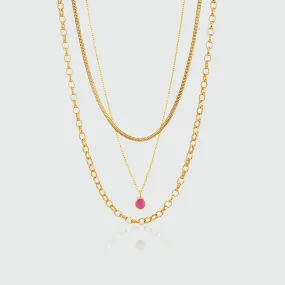 Layering Gold Chain and Ruby Necklace Set