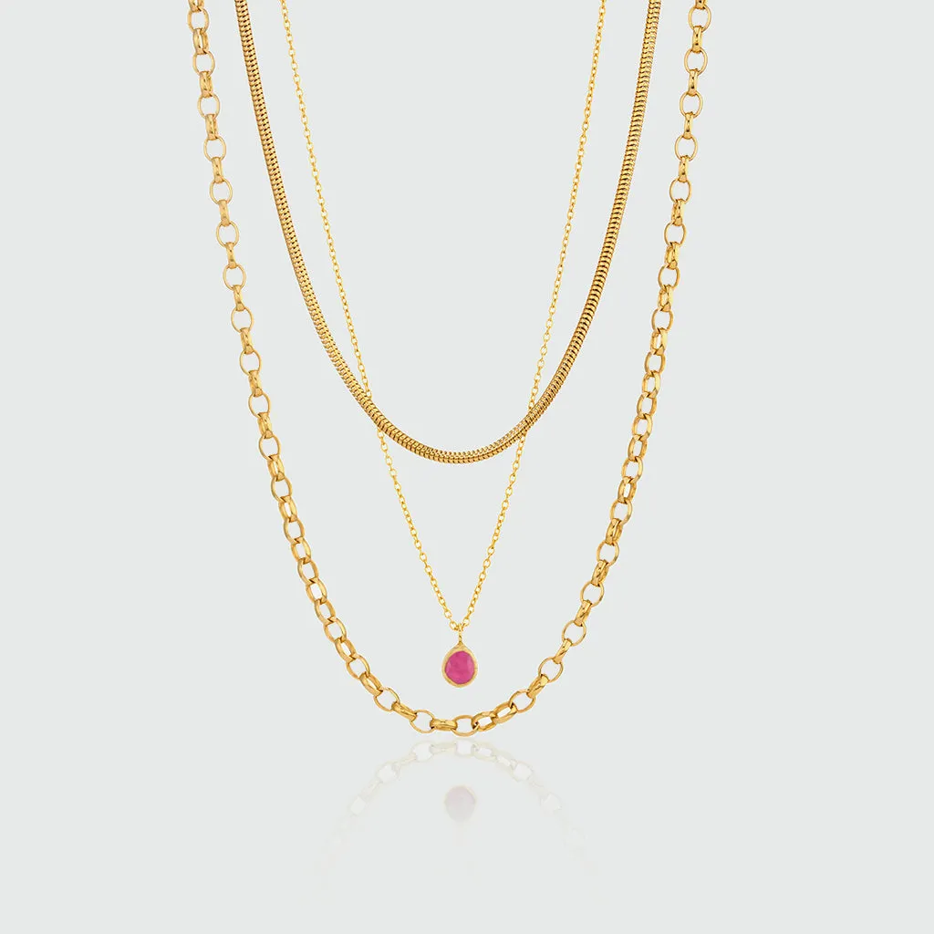 Layering Gold Chain and Ruby Necklace Set