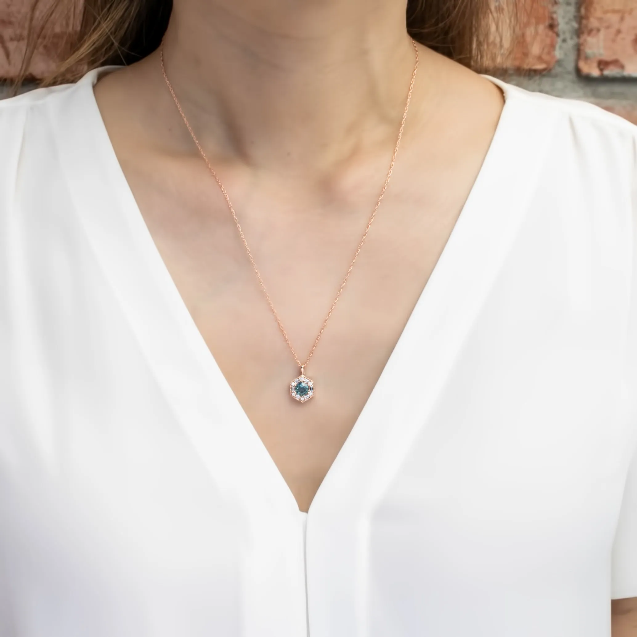 Lila Hexagon Necklace - 5mm Montana Sapphire Necklace, 14k rose gold