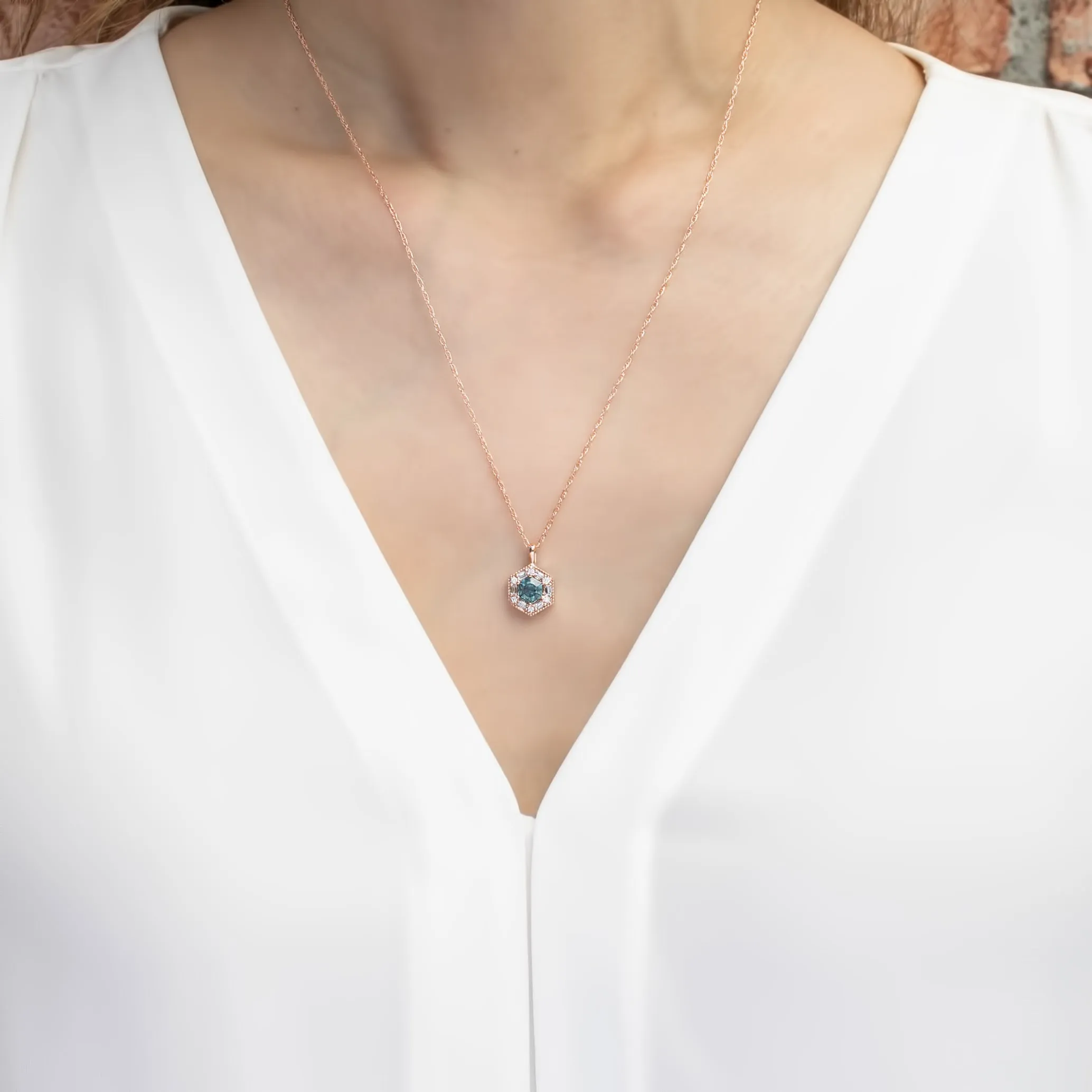 Lila Hexagon Necklace - 5mm Montana Sapphire Necklace, 14k rose gold